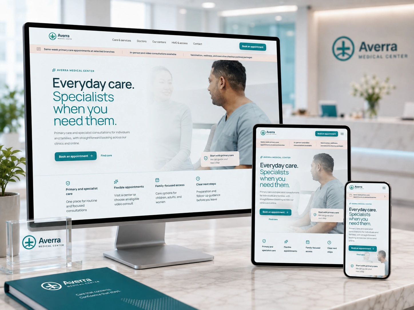 Averra Medical Center — branded patient-facing website shown across desktop, tablet, and mobile