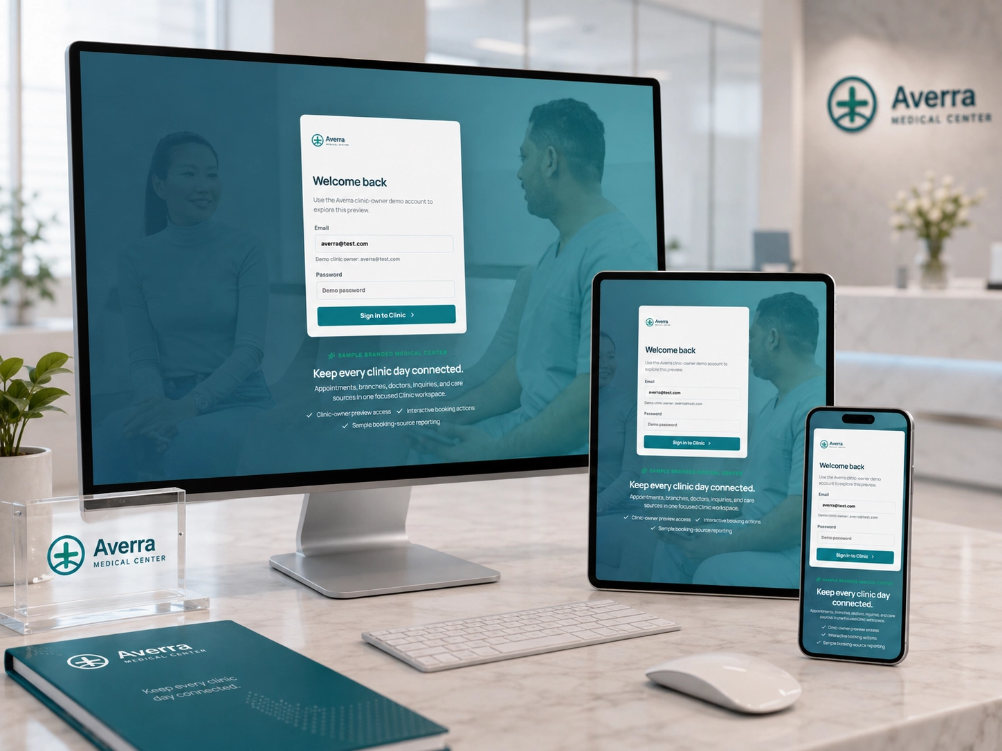 Averra Medical Center — clinic admin workspace shown across desktop, tablet, and mobile