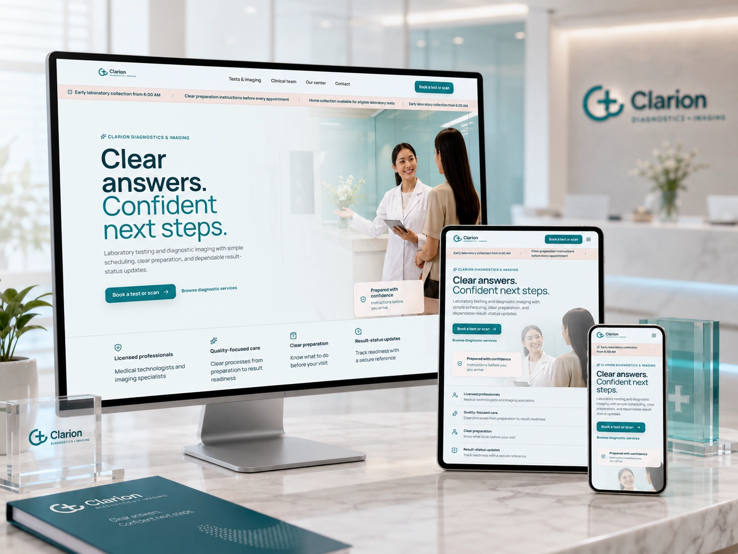 Clarion Diagnostics & Imaging — branded patient-facing website shown across desktop, tablet, and mobile