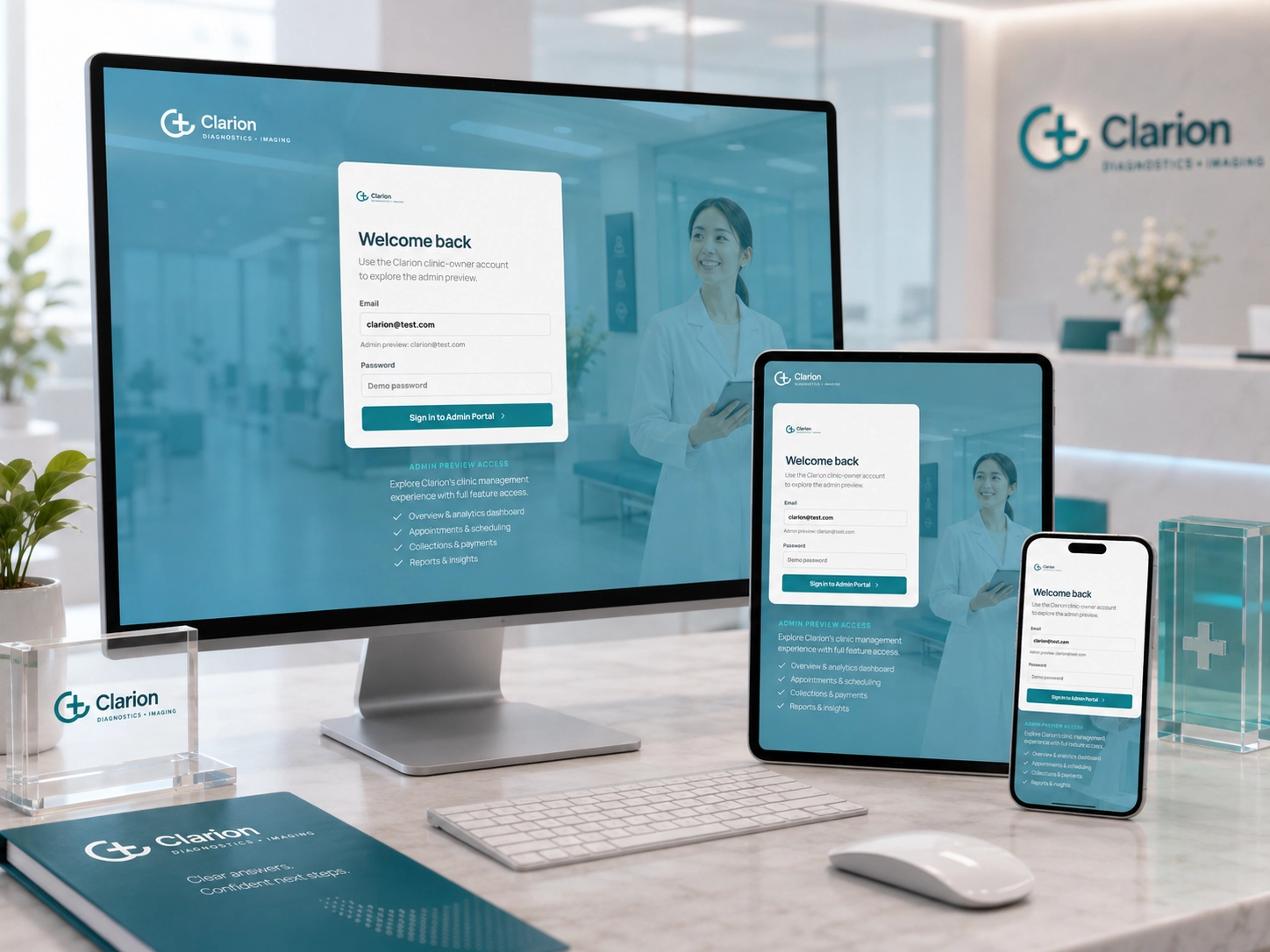 Clarion Diagnostics & Imaging — clinic admin workspace shown across desktop, tablet, and mobile
