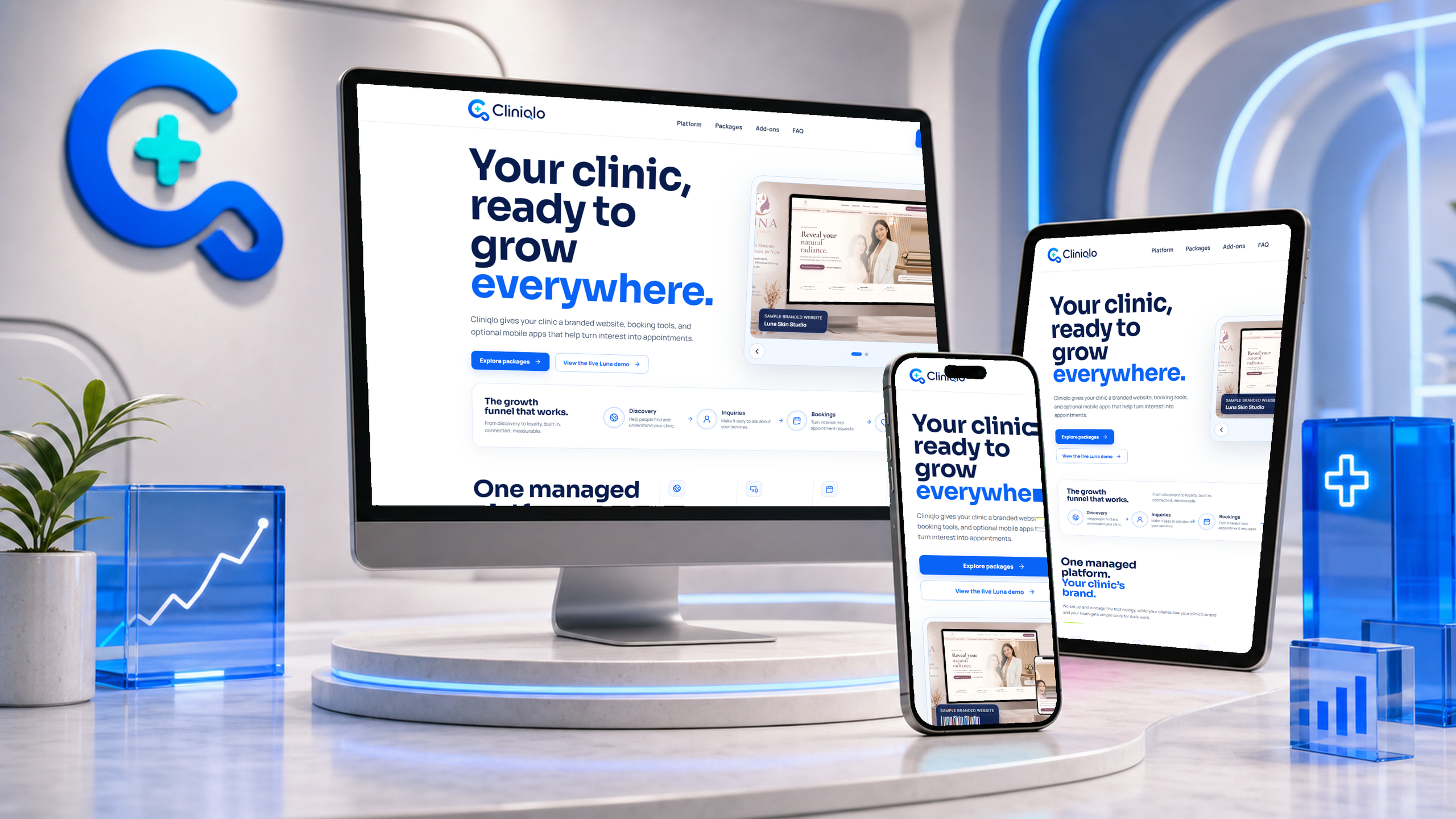 Cliniqlo branded device mockup using actual platform screenshots