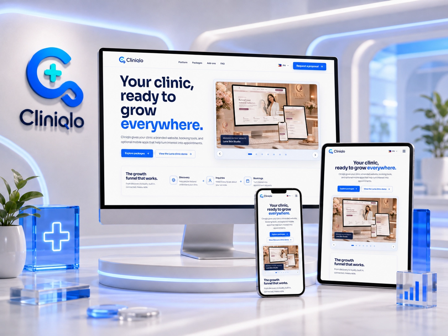 Cliniqlo clinic growth platform responsive preview showing website, booking, and mobile apps