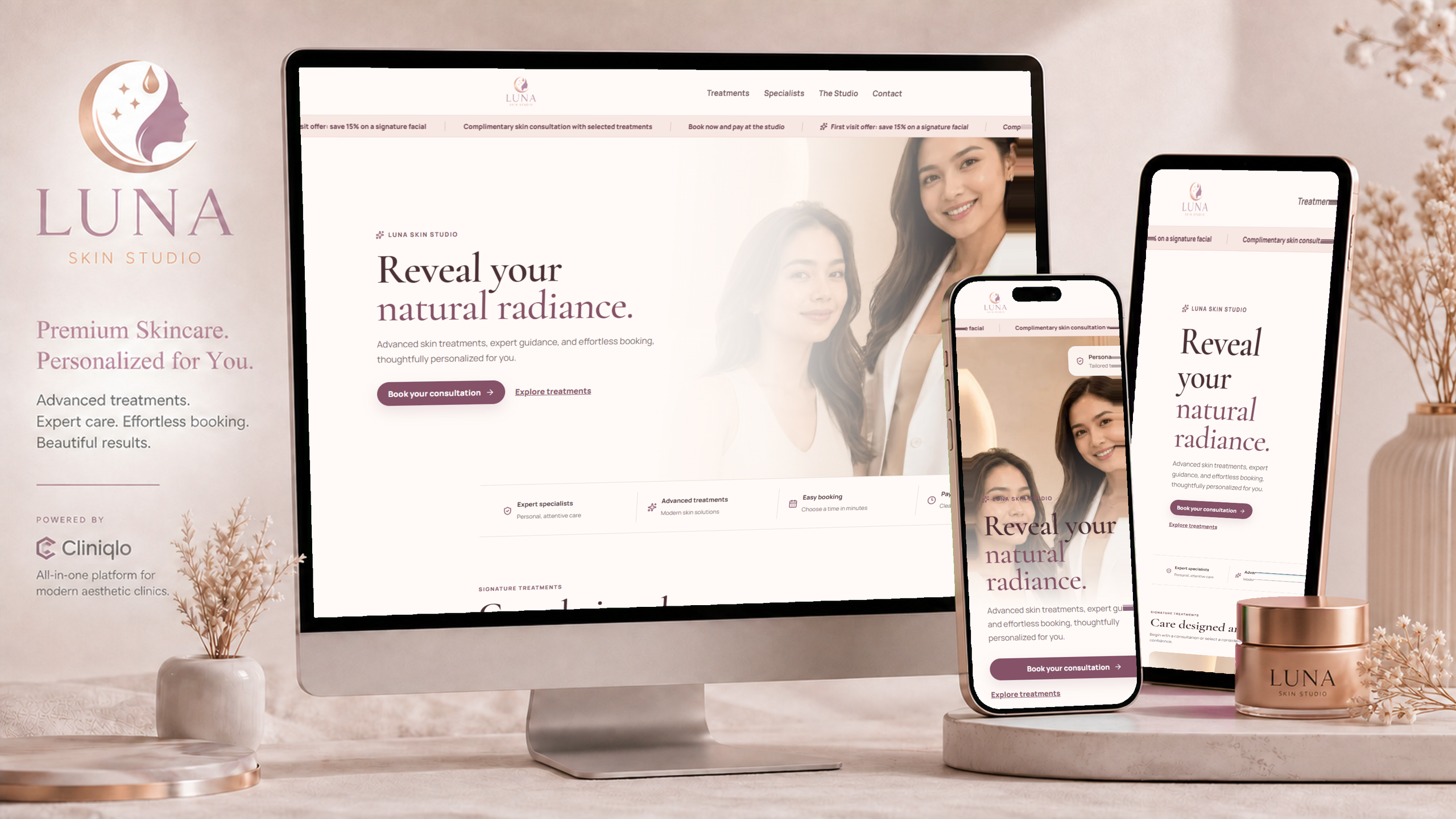 Luna Skin Studio branded device mockup using actual website screenshots
