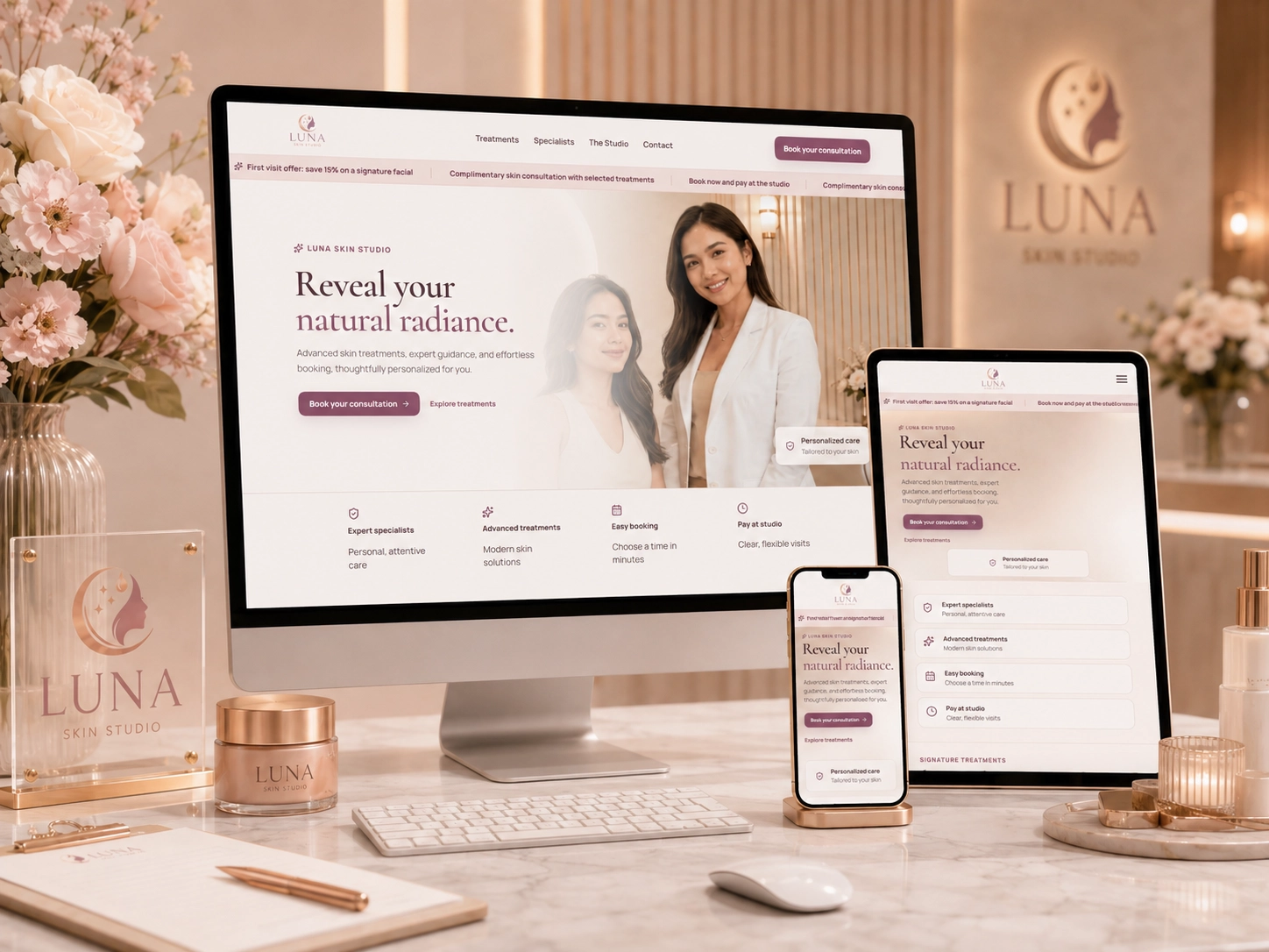 Luna Skin Studio — branded patient-facing website shown across desktop, tablet, and mobile
