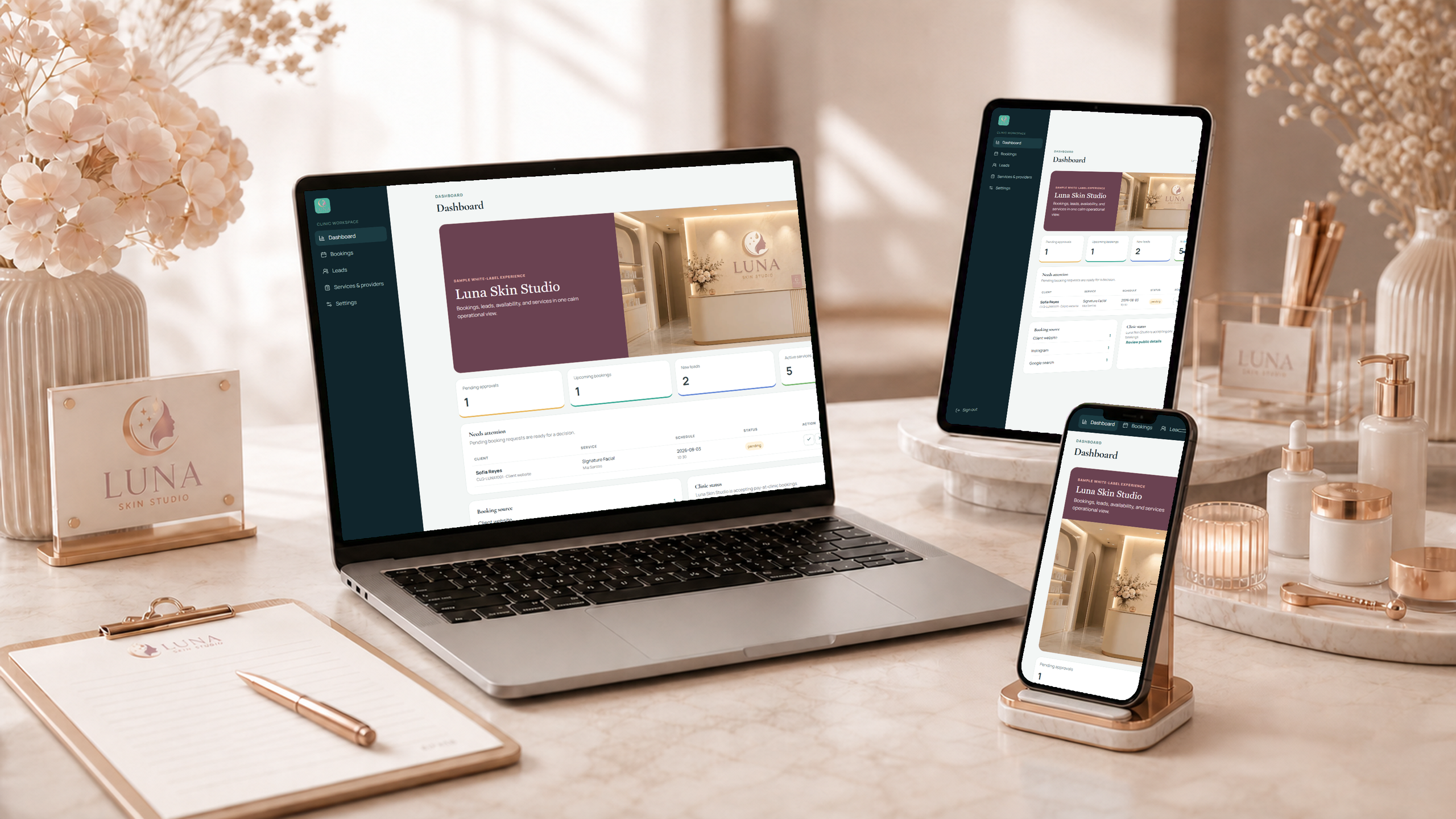 Luna Skin Studio branded workspace mockup using actual clinic screenshots