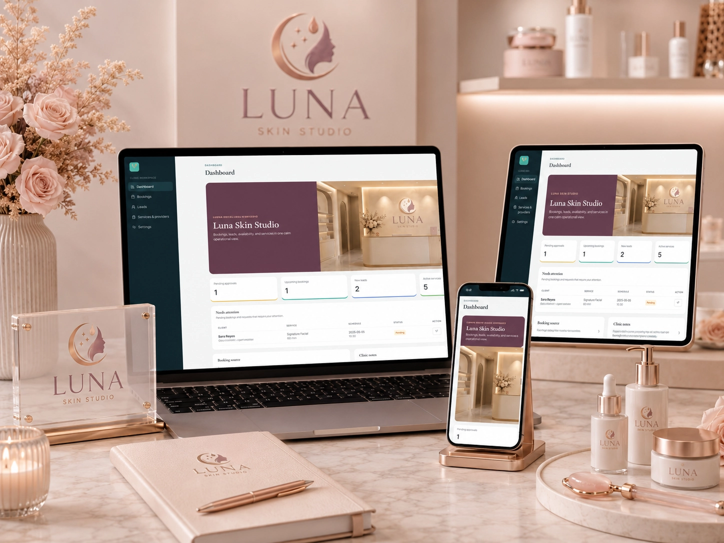Luna Skin Studio — clinic admin workspace shown across desktop, tablet, and mobile