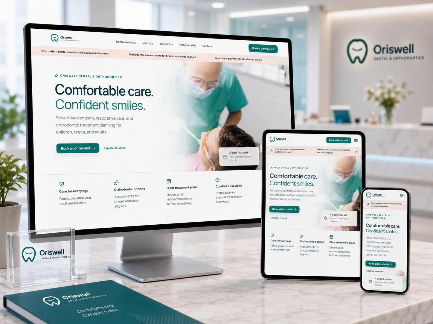 Oriswell Dental & Orthodontics — branded patient-facing website shown across desktop, tablet, and mobile