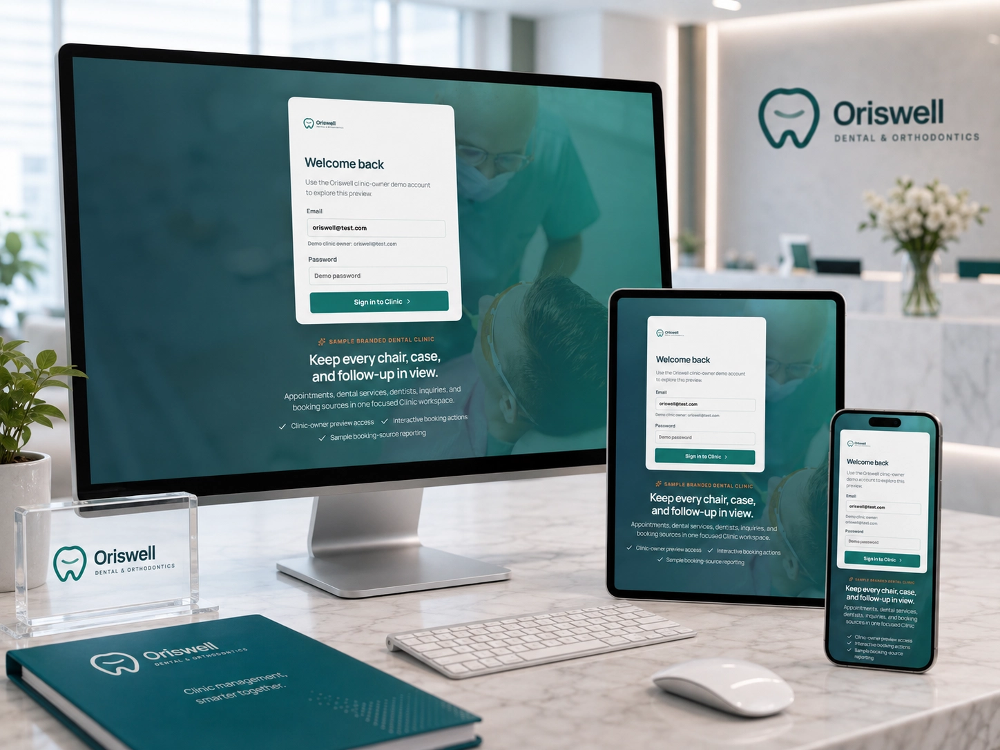 Oriswell Dental & Orthodontics — clinic admin workspace shown across desktop, tablet, and mobile